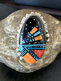 Onyx Turquoise Spiny Navajo Cosmic Inlay Ring Size 10 | Sterling Silver | Authentic Native American Handmade | 19783