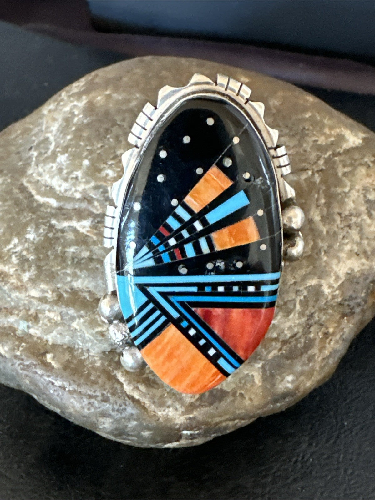 Onyx Turquoise Spiny Navajo Cosmic Inlay Sterling Silver Ring Size 10 19783