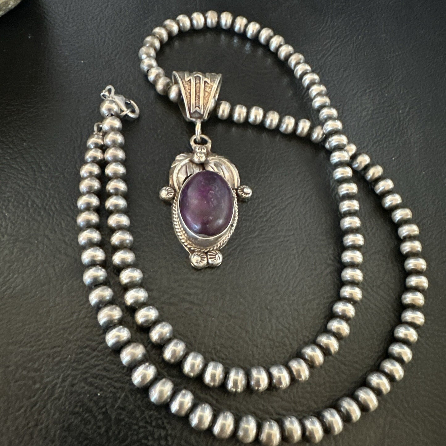 Purple Stone Pendant Navajo Pearls Sterling Silver Necklace 20” 18180