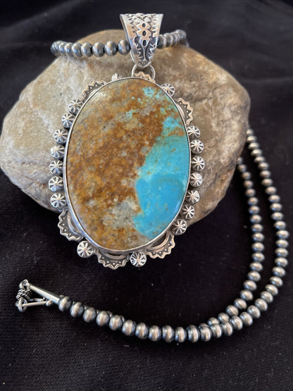 Blue Kingman Turquoise Pendant Navajo Pearls Sterling Silver Necklace 01310
