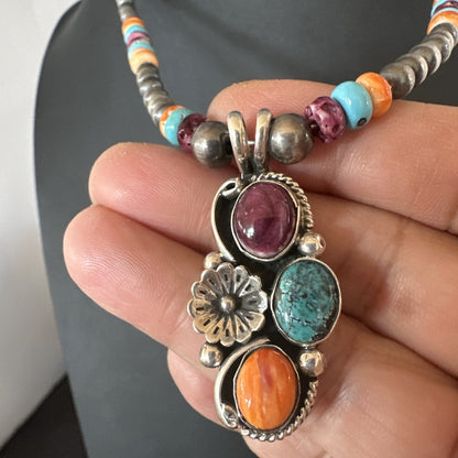 Multicolor Turquoise Spiny Navajo Sterling Silver Cluster Pendant Necklace 19642