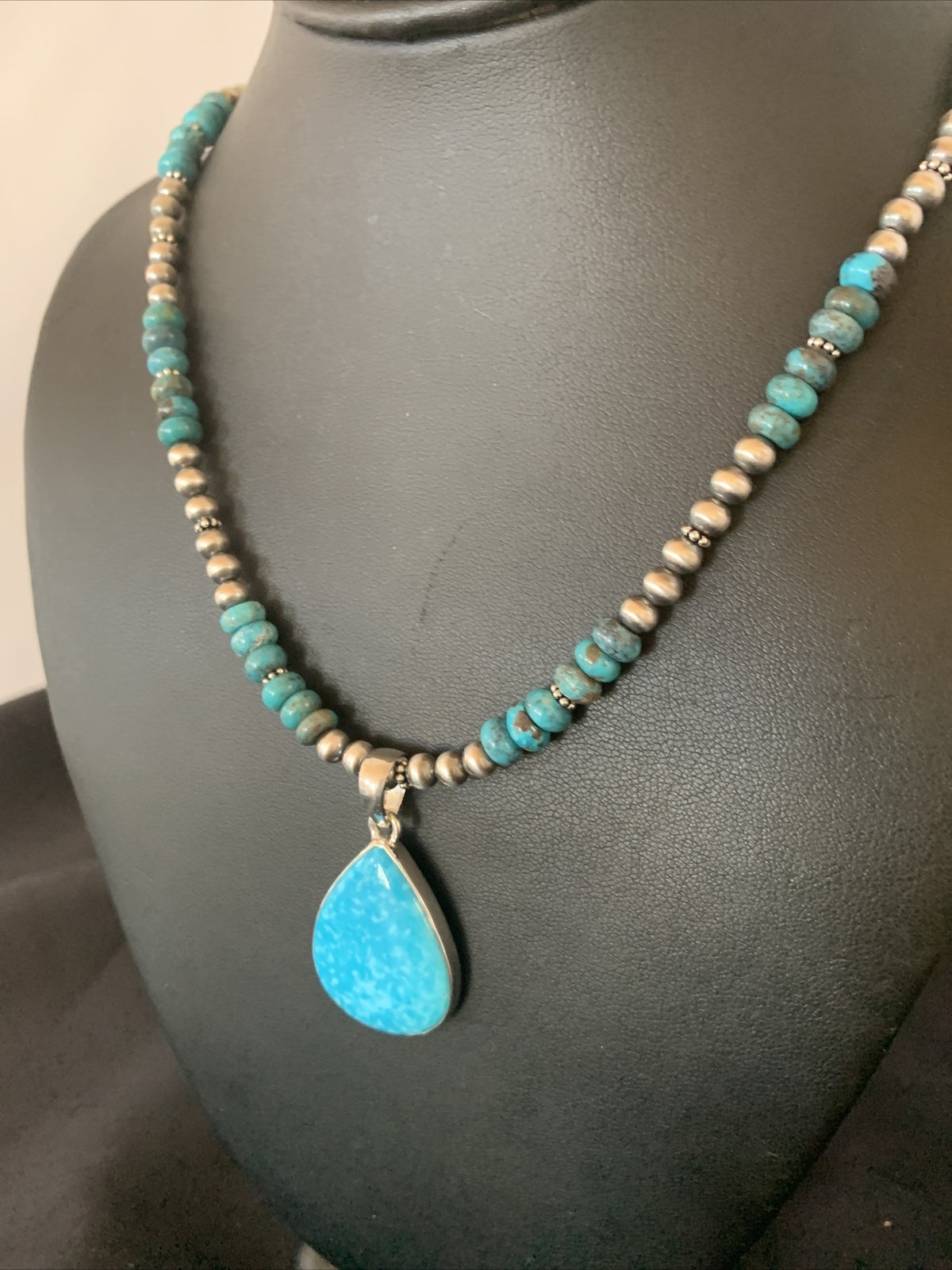 Womens Blue Kingman Turquoise Sterling Silver Beads Necklace Pendant 11692