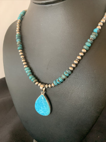 Womens Blue Kingman Turquoise Sterling Silver Beads Necklace Pendant 11692