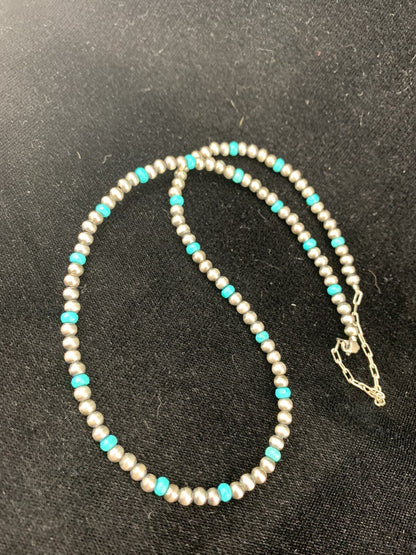 Navajo 4mm Sterling Silver Beads Blue Turquoise Bead Necklace 22”