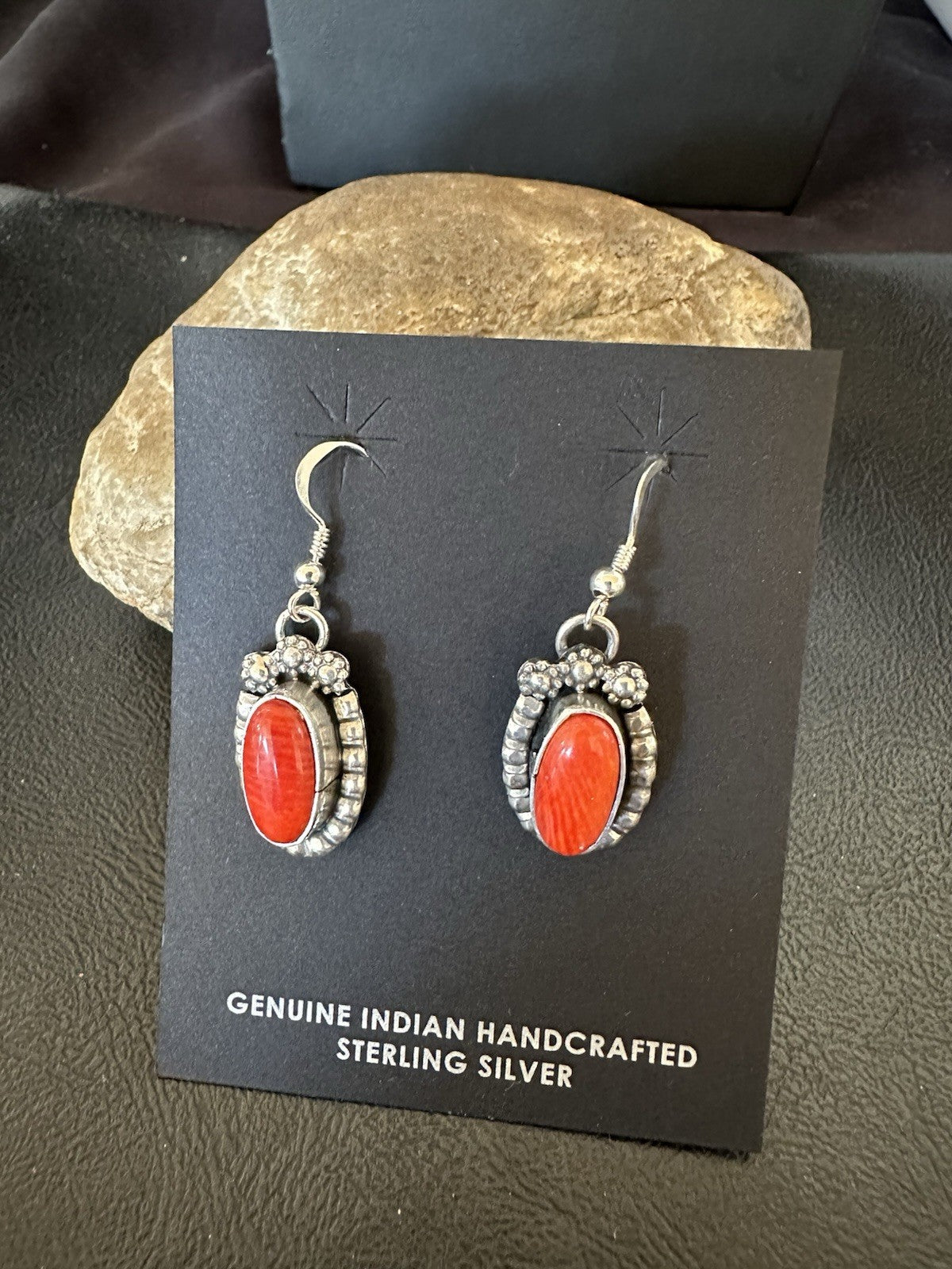 Handmade Red Coral Sterling Silver Navajo Dangle Earrings Yazzie 19534