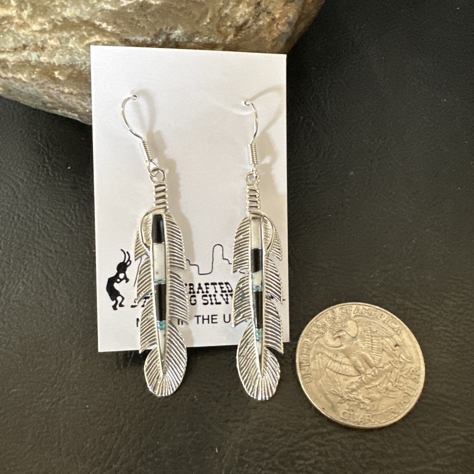 White Buffalo Turquoise Opal Sterling Silver Handmade Feather Earrings 18696