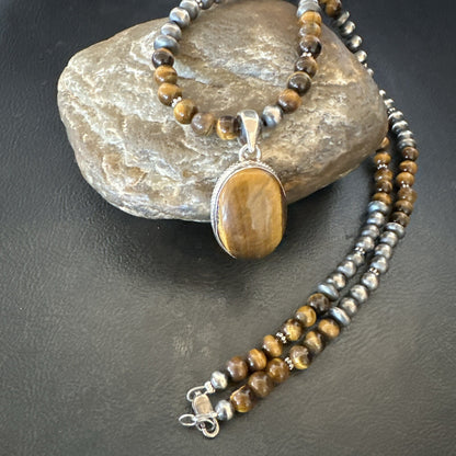 Coffee Brown Tigers Eye Sterling Silver Pendant Necklace Southwestern 18288