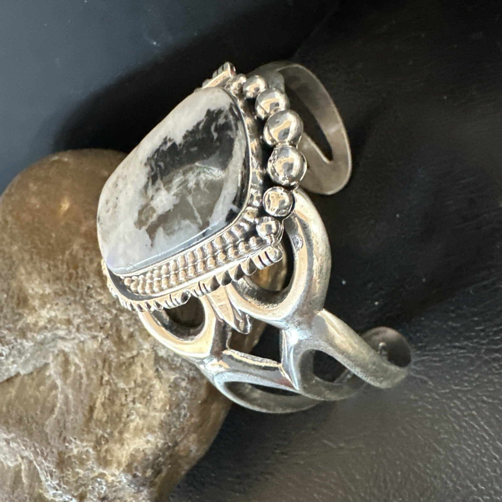 Tufa Cast Men White Buffalo Turquoise Navajo Sterling Silver Cuff Bracelet 19354