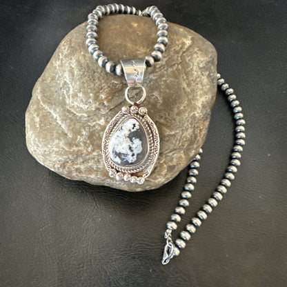 White Buffalo Turquoise Pendant Navajo Pearls Sterling Silver Necklace 20” 19495