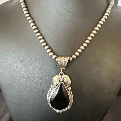 Mens Womens Black Onyx Pendant Navajo Sterling Silver Beads Necklace 18352