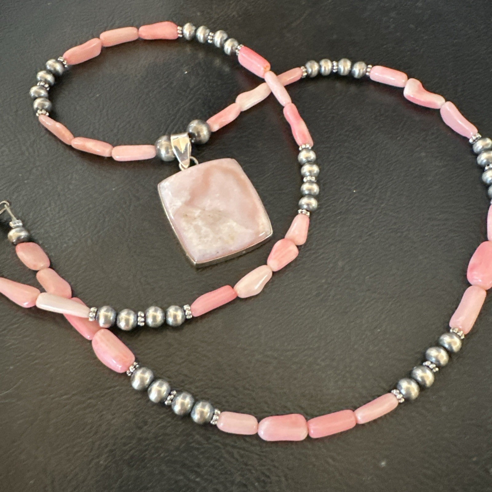 Southwestern Sterling Silver Pink Coral Bead Necklace Quartz Pendant 24" 19591