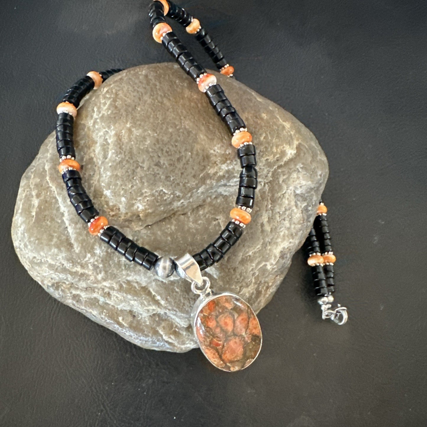 Orange Spiny Black Onyx Navajo Sterling Silver Pendant Necklace 20” 19638