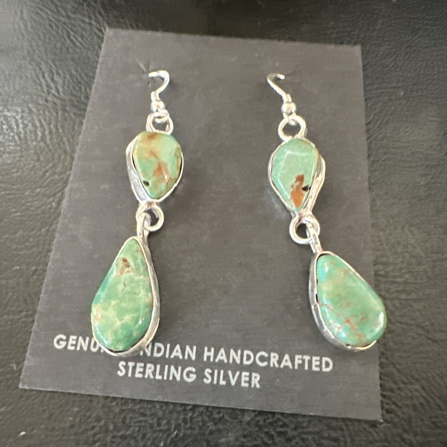 Green Royston Turquoise Navajo Sterling Silver Dangle Earrings 19405