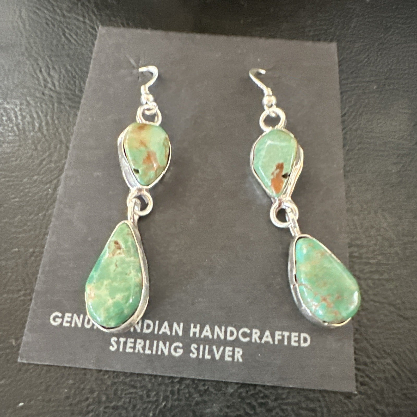 Green Royston Turquoise Navajo Sterling Silver Dangle Earrings 19405