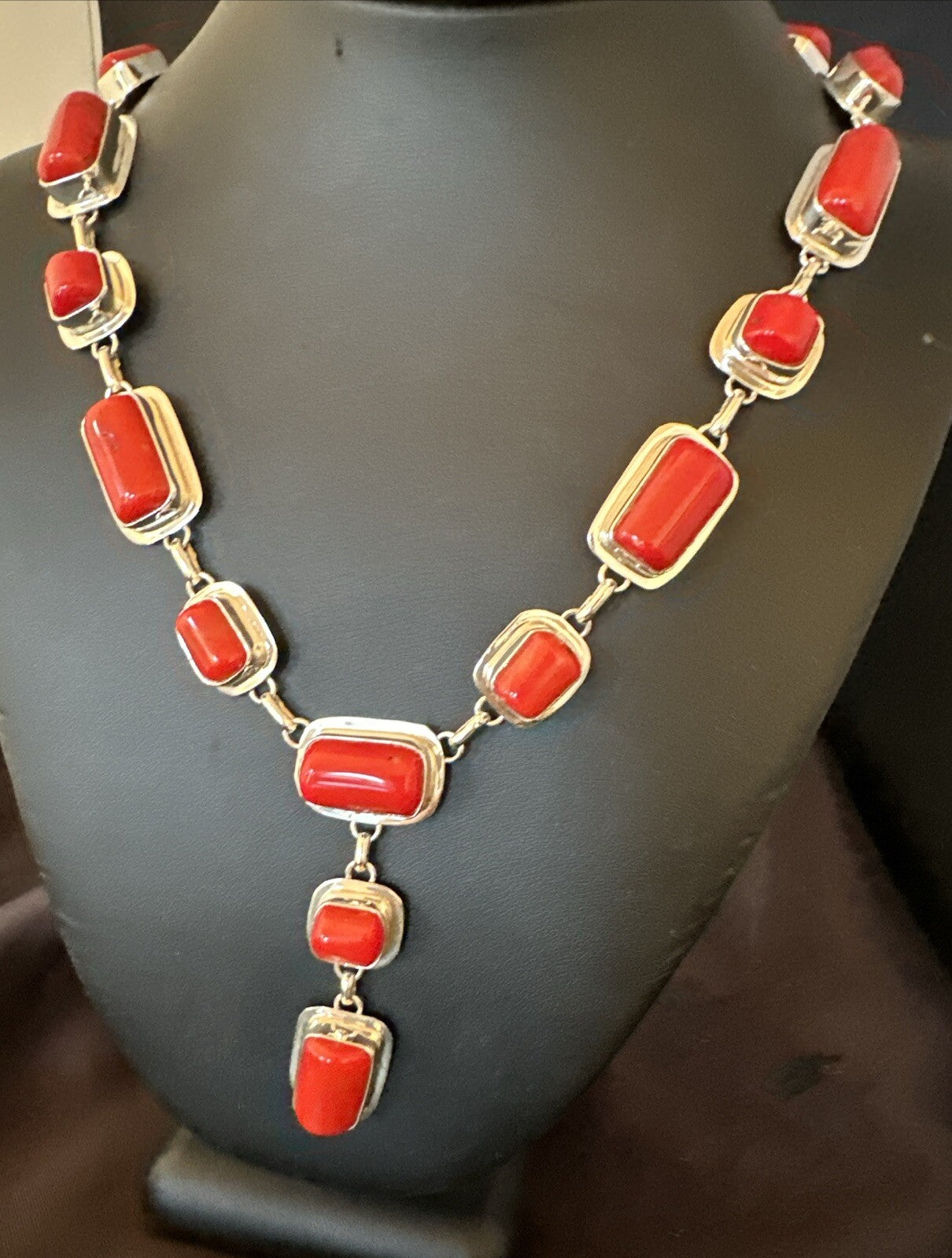 Handmade Women Red Coral Lariat Necklace Pendant Sterling Silver 19” 18410