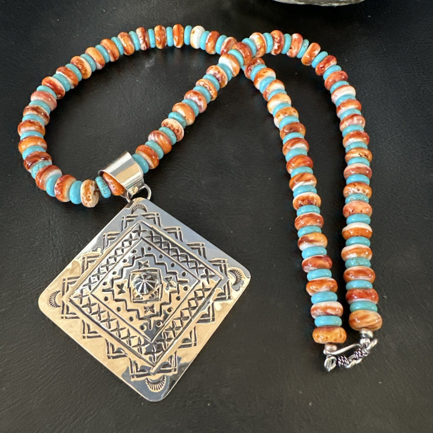 Orange Spiny Oyster Turquoise Navajo  Pendant Sterling Silver Necklace 21” 19043