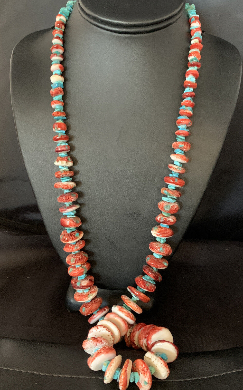 Womens Blue Turquoise & Red Spiny Oyster Navajo Sterling Silver Necklace 00114