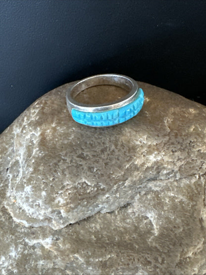 Blue Turquoise Navajo Sterling Silver Corn Inlay Band Ring Size 8.5 18815