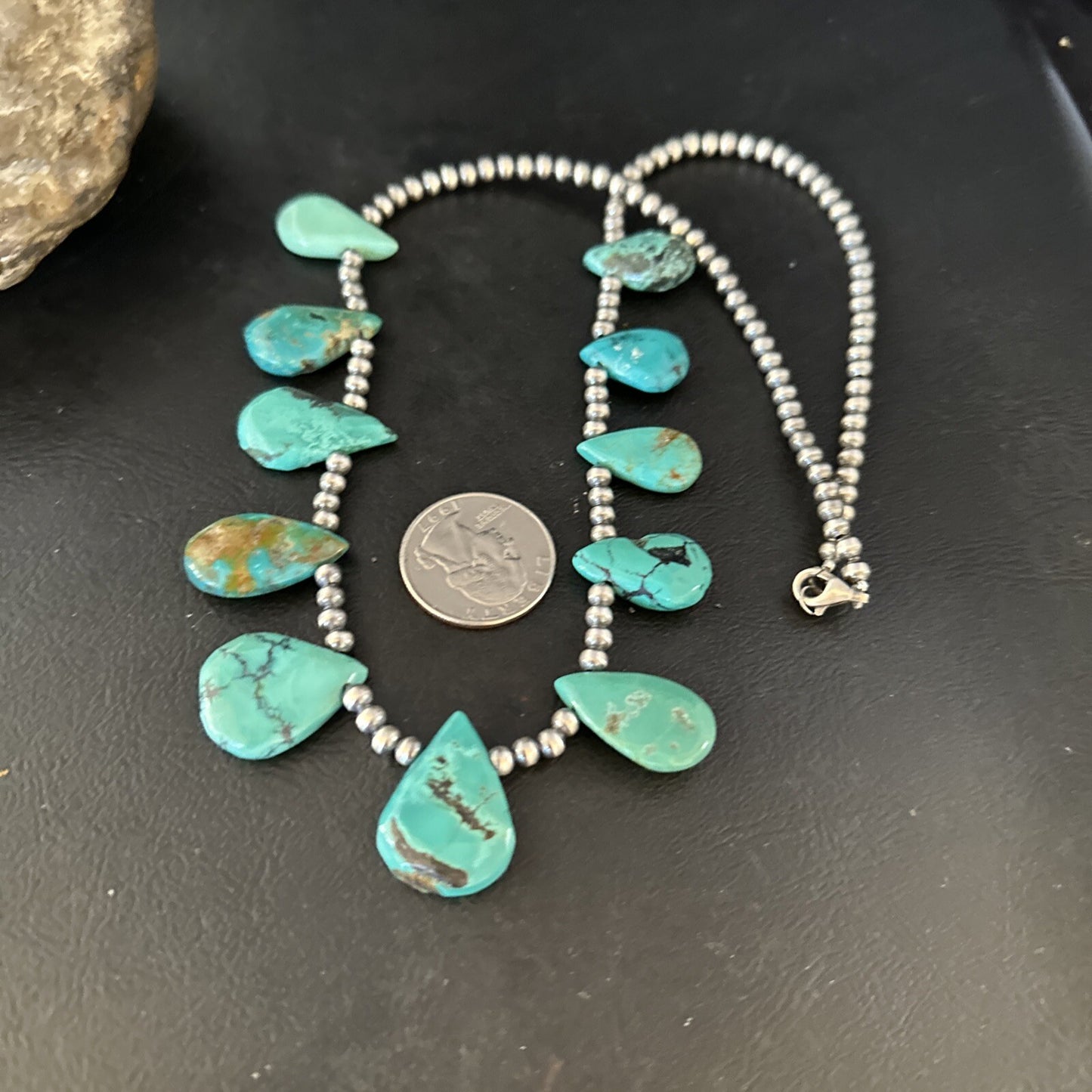 Blue Turquoise Teardrop Navajo Pearls Sterling Silver Necklace 14391