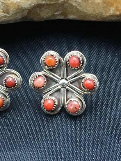 Native Zuni Cluster Sterling Silver Necklace Coral Earrings Set 0.6" 1074