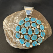Cluster Kingman Turquoise Navajo Necklace Pendant 2.75" | Sterling Silver | Authentic Native American Handmade | 19087