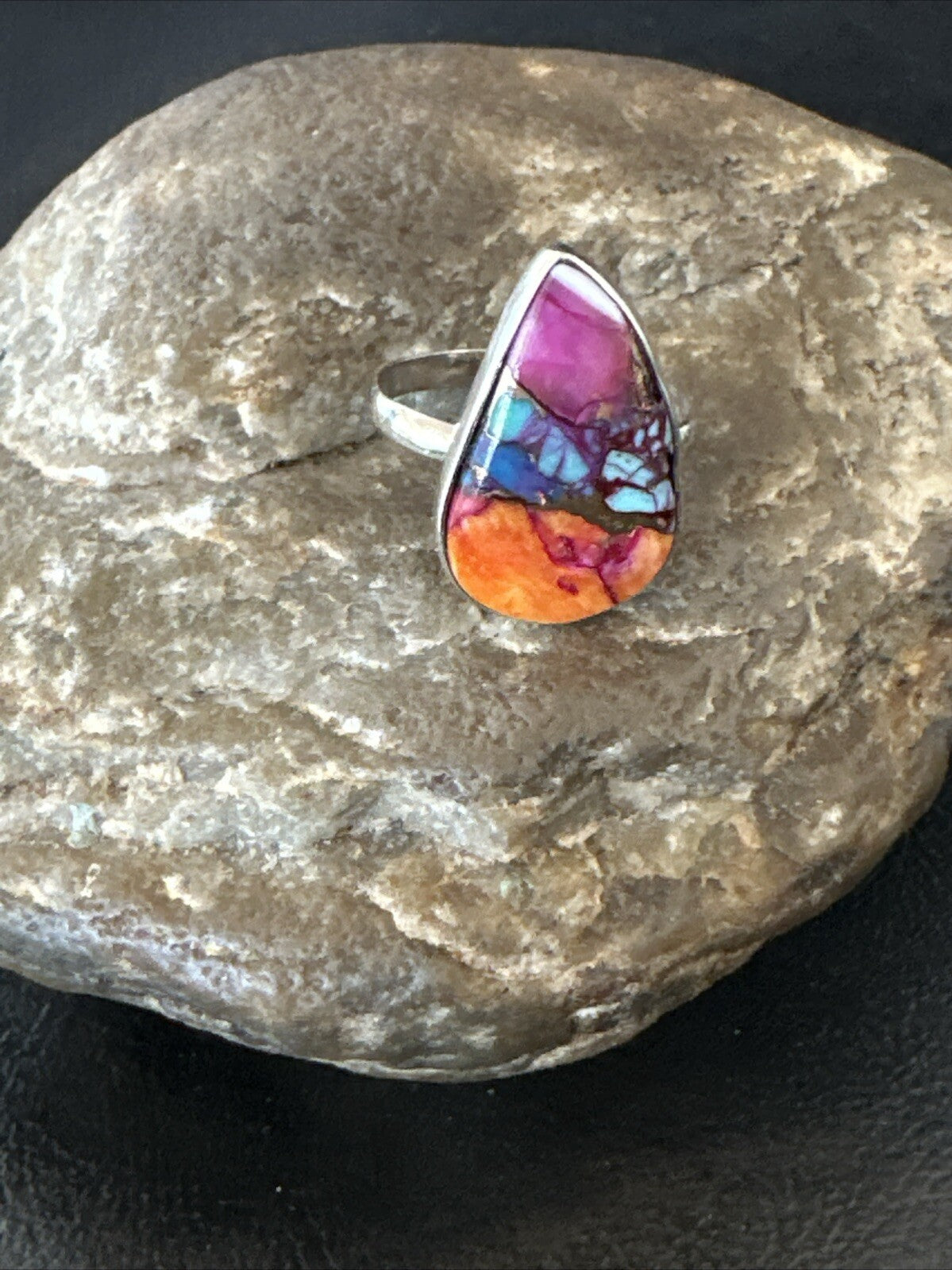 Blue Turquoise Spiny Oyster Southwestern Sterling Silver Ring Size 9 18464