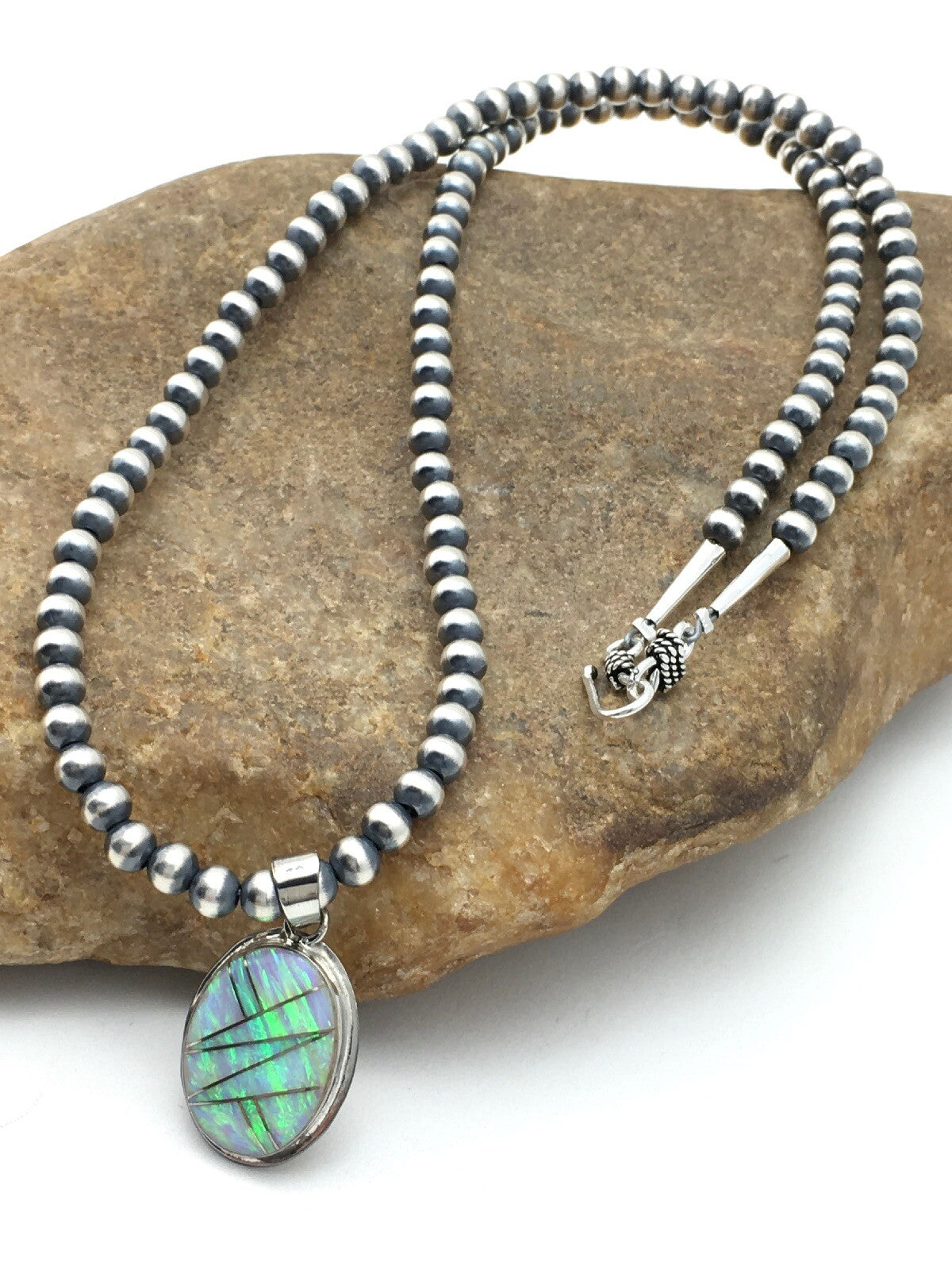 Native Opal Inlay Pendant Navajo Pearls Sterling Silver Necklace 4400