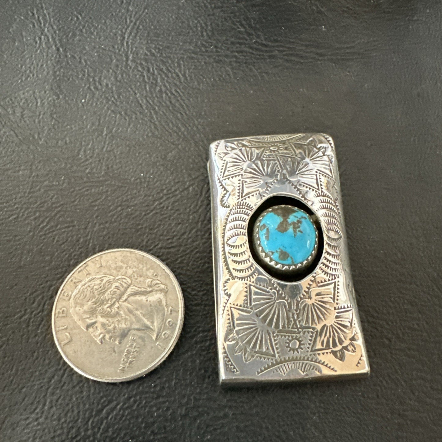 Mens Womens Blue Turquoise Navajo Stainless Stamped Silver Money Clip 19733
