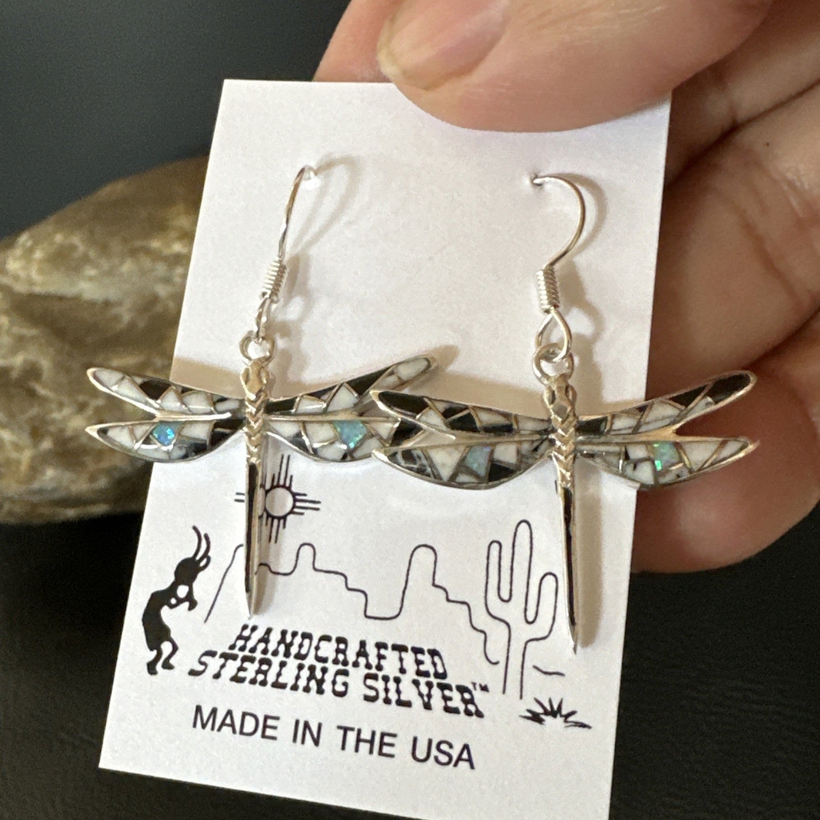 White Buffalo Turquoise Onyx Opal Navajo Sterling Silver Inlay Earrings 1" 18548
