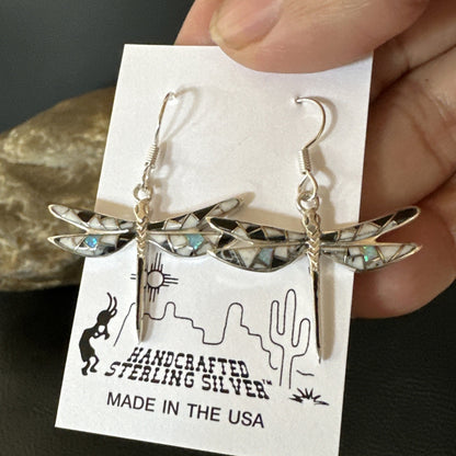 White Buffalo Turquoise Onyx Opal Navajo Sterling Silver Inlay Earrings 1" 18548