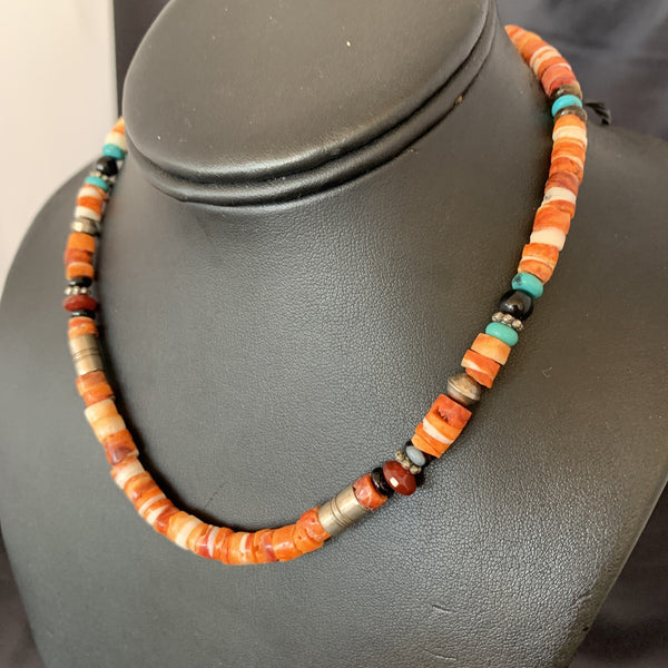 Turquoise Spiny Oyster Coral Beads Gold Necklace | Sterling Silver | Authentic Native American Handmade | 10394