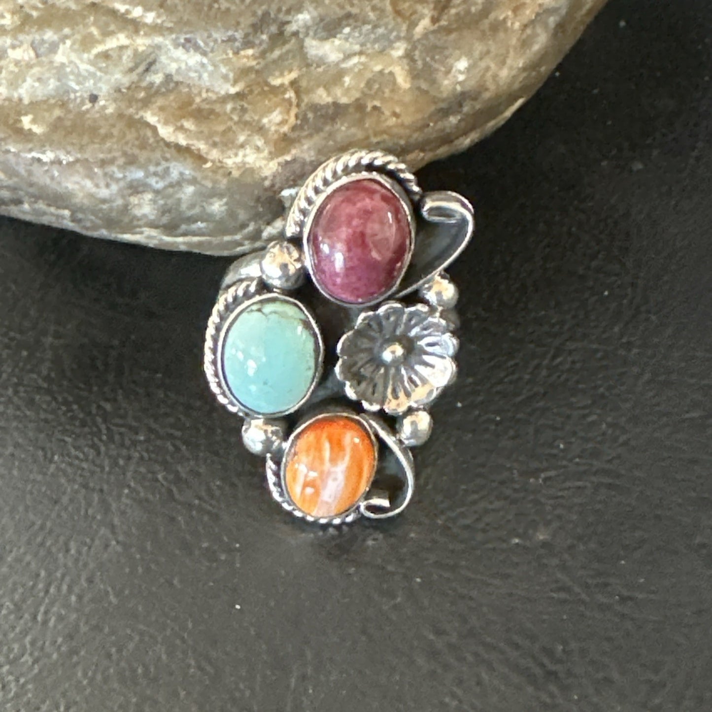 Multicolor Ring Turquoise Spiny Navajo Sterling Silver Cluster Size 9 19172