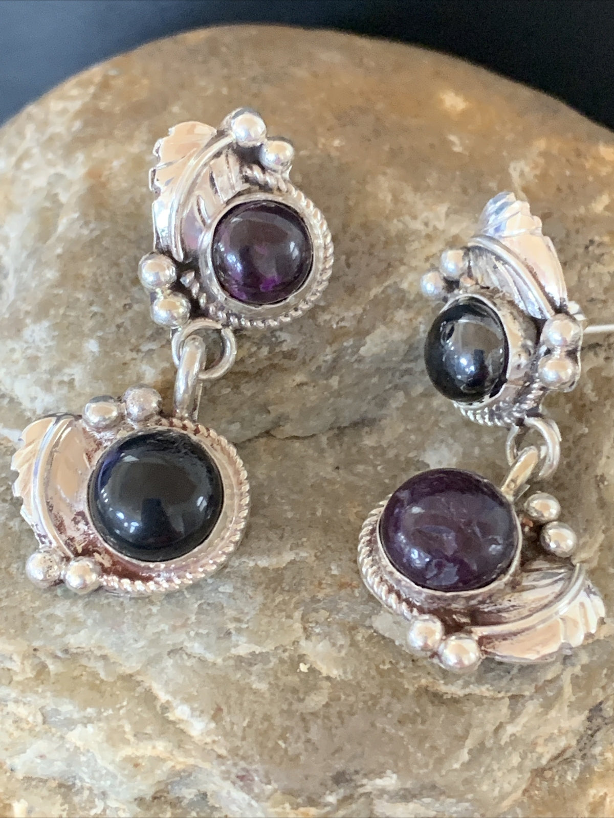 Native Navajo Sterling Silver  Purple Stone Post Dangle Earrings 1595