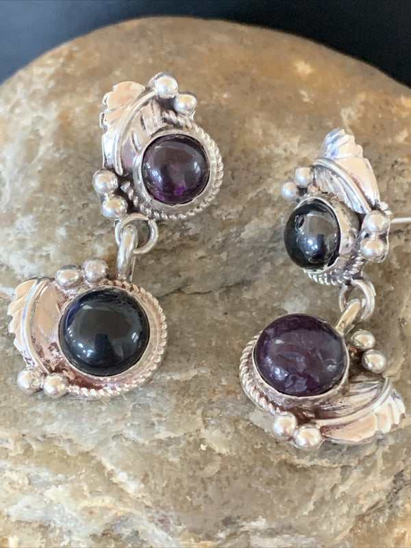 Navajo Purple Stone Post Dangle Earrings | Sterling Silver | Authentic Native American Handmade | 1595