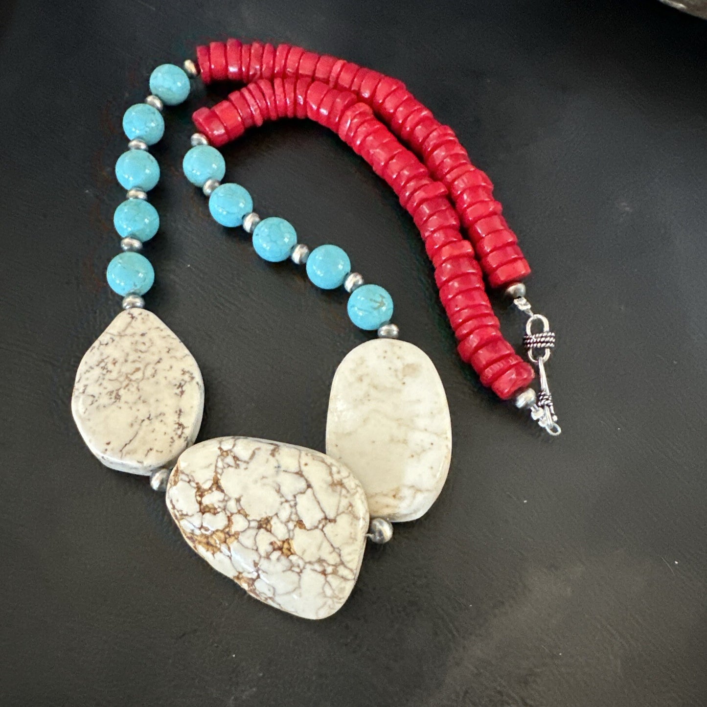 Mens Wild Horse Blue Turquoise Red Coral Navajo Sterling Silver Necklace 17982
