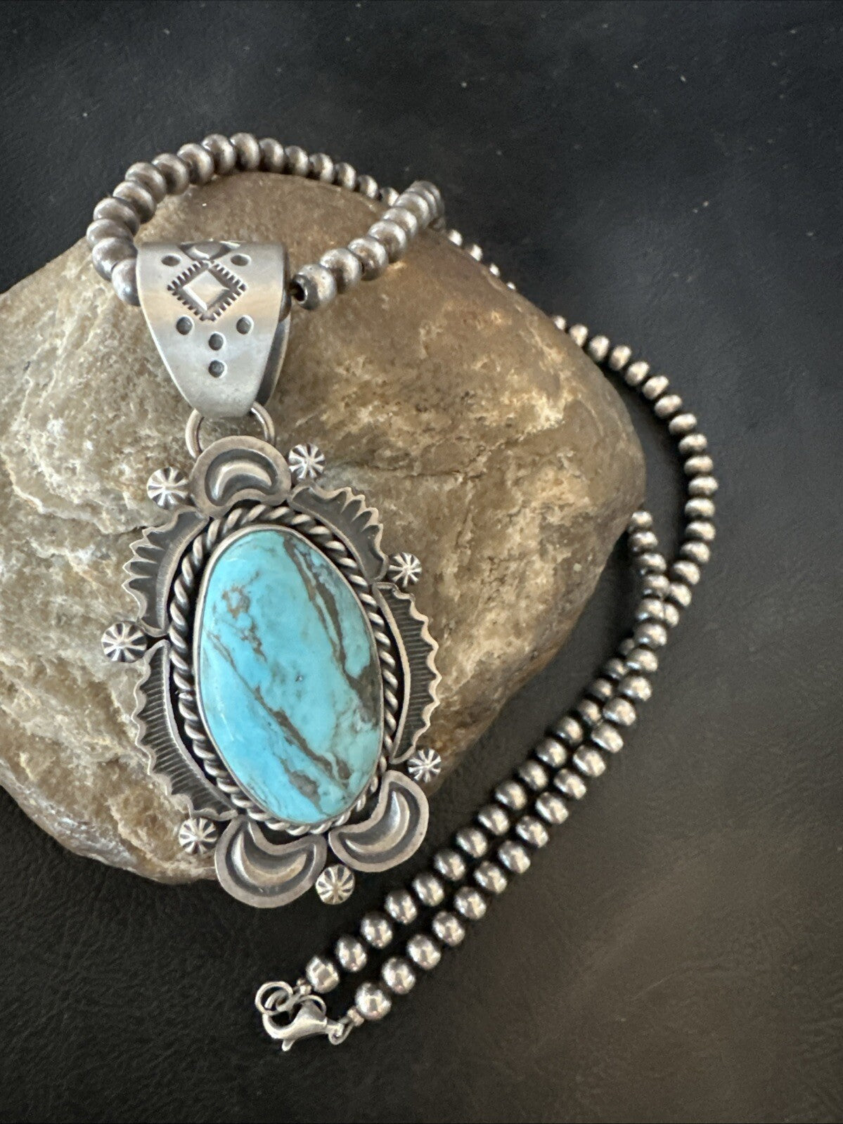 Mens Womens Blue Turquoise Pendant Sterling Silver Beads Sterling Necklace 18649