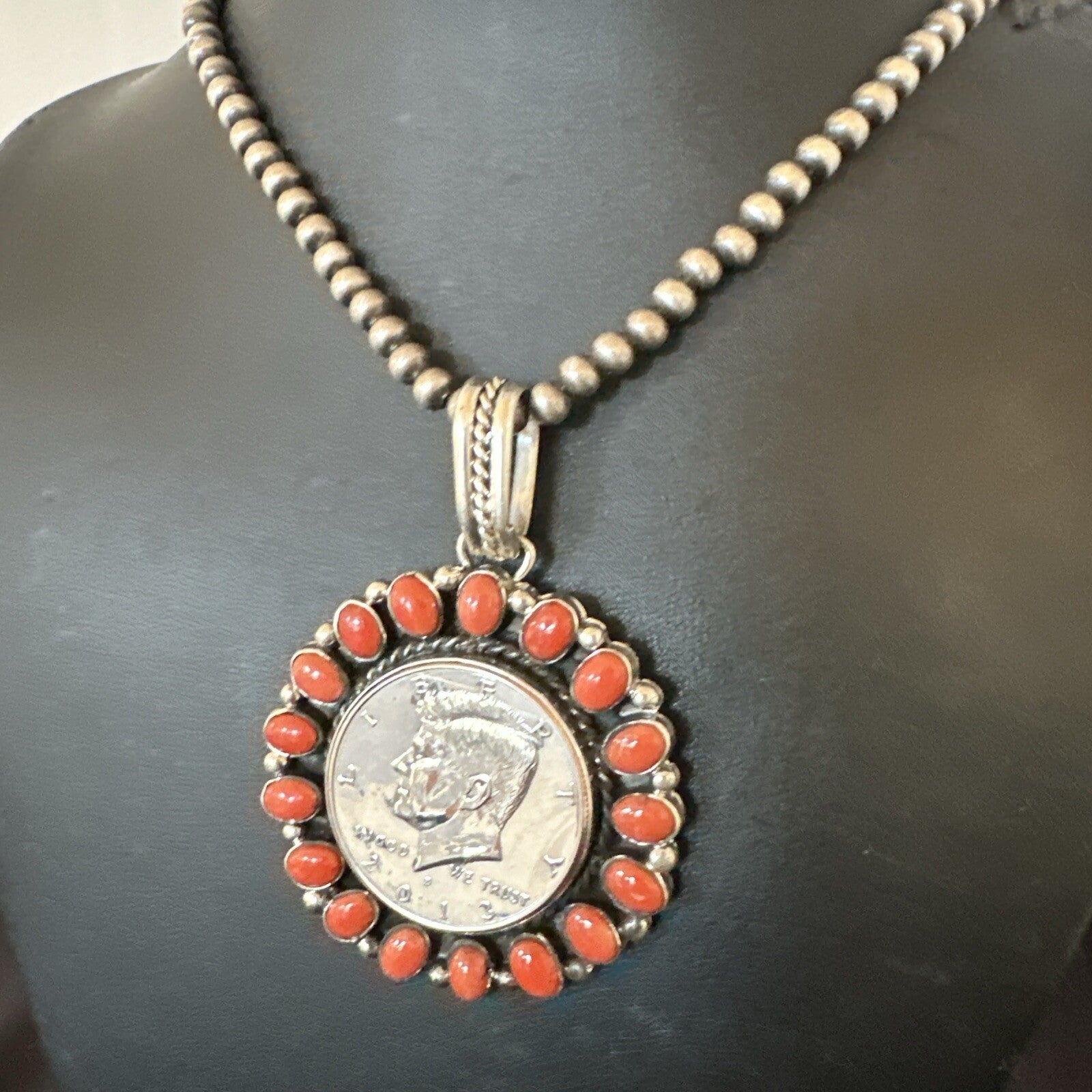 Coin Pendant Red Spiny Oyster Turquoise Navajo Sterling Silver Necklace 17925