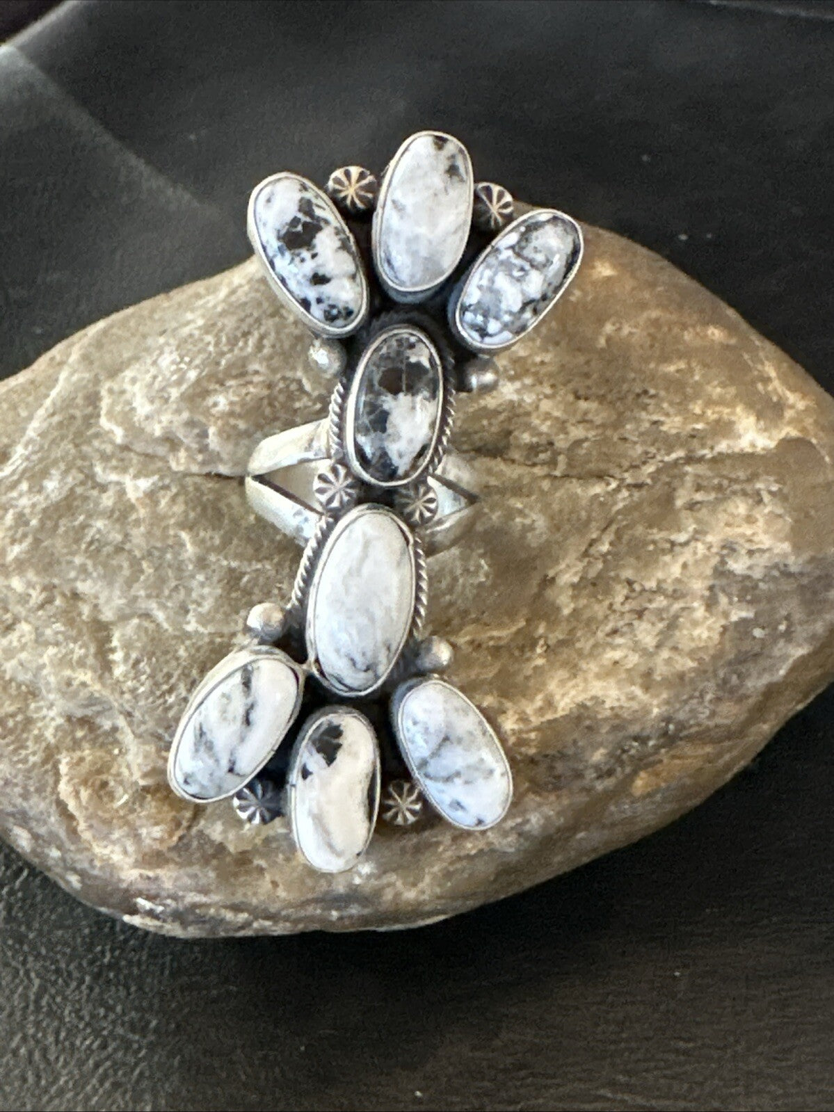 White Buffalo Turquoise Navajo Sterling Silver Cluster Ring Size 6.5 18623