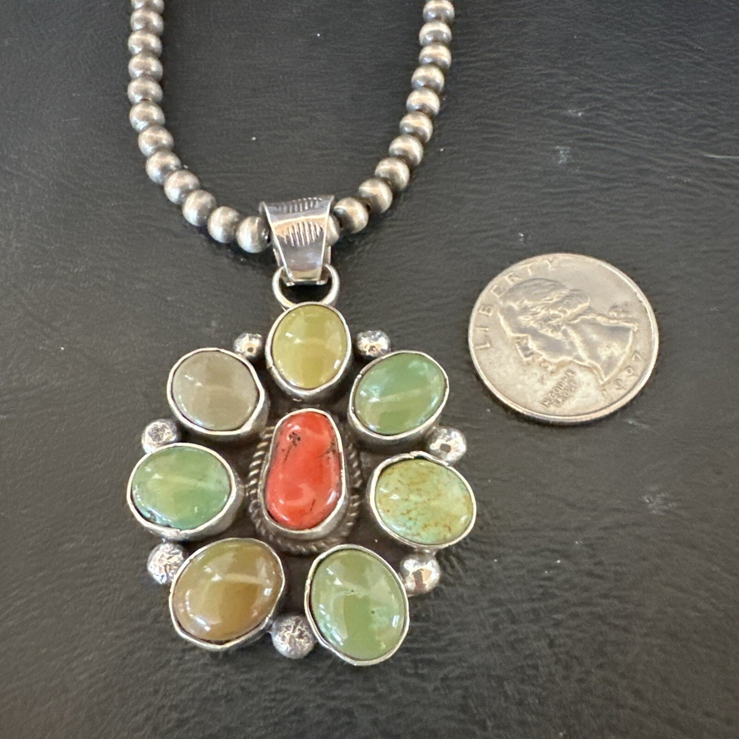 Navajo Sterling Cluster Red Turquoise Pendant Necklace 17712