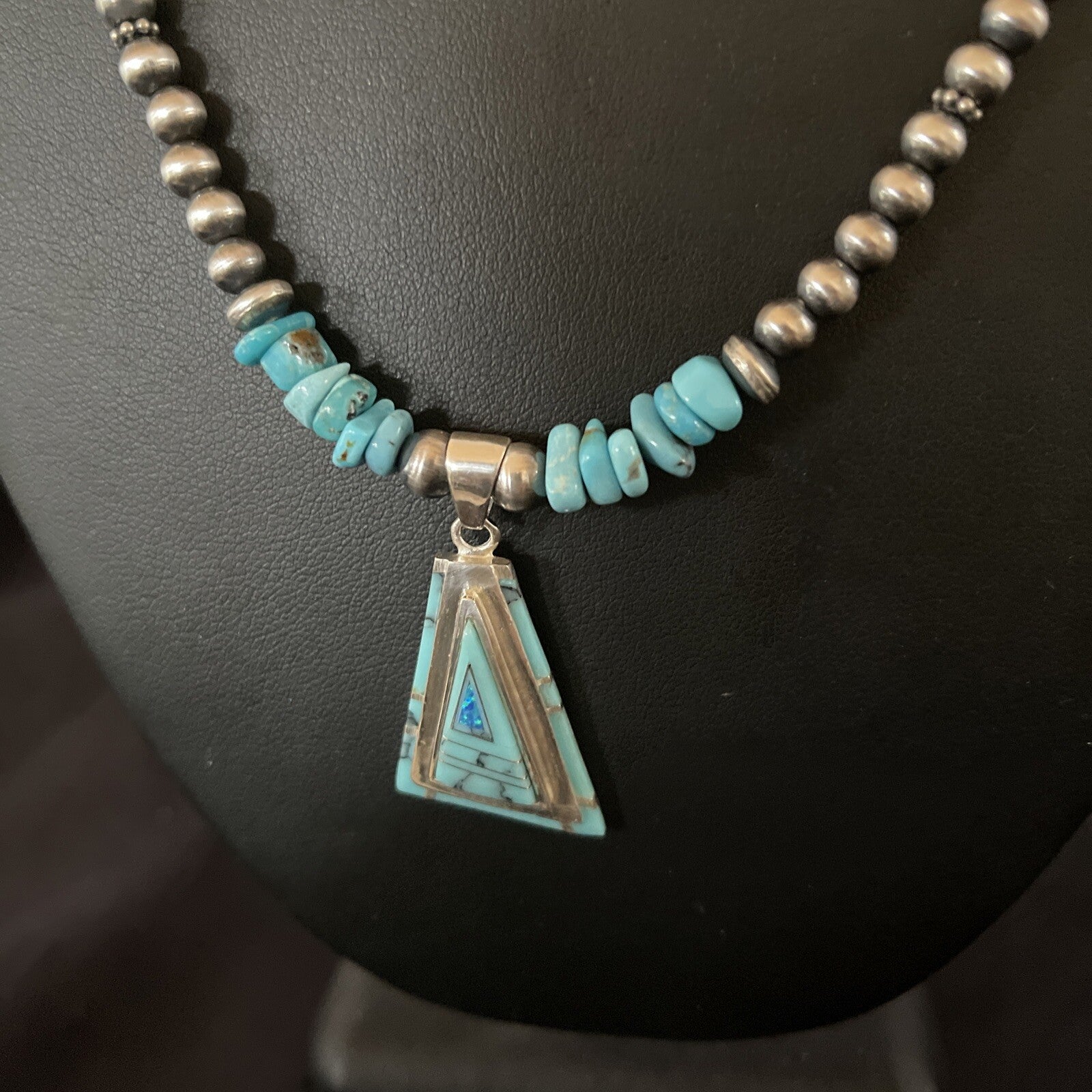 Turquoise & Opal Inlay Pendant Navajo Pearls Sterling Silver Necklace 11330