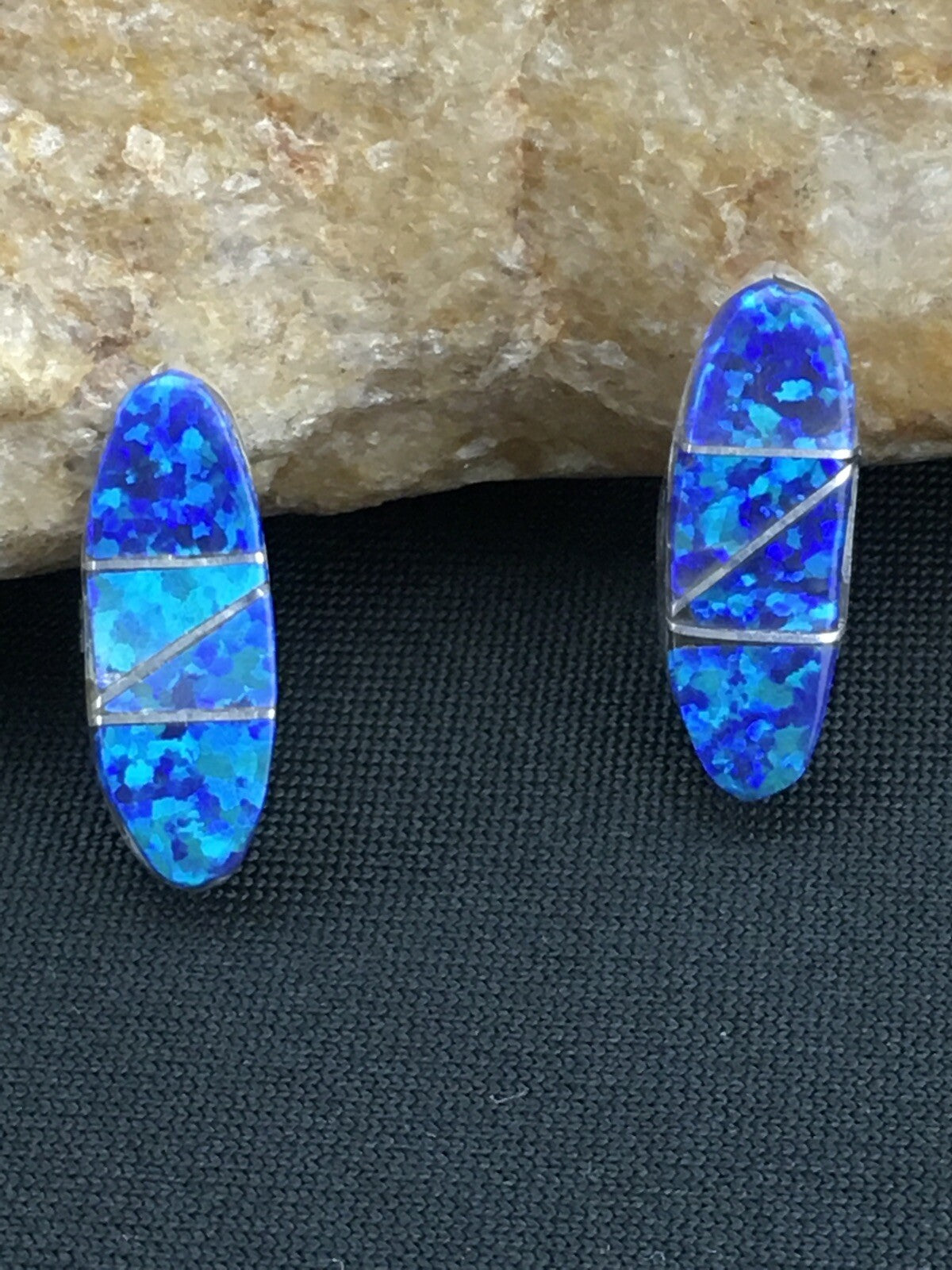Navajo Indian Sterling Silver Handmade Blue Opal Inlay Earrings 0.75" 1331