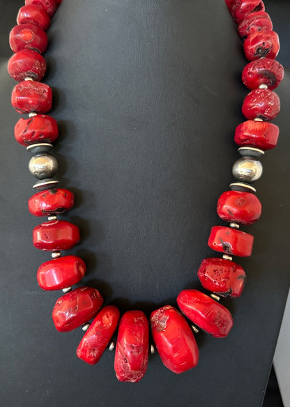 Chunky Navajo Red Bamboo Coral Sterling Silver Bead Necklace 24” Graduated 19530