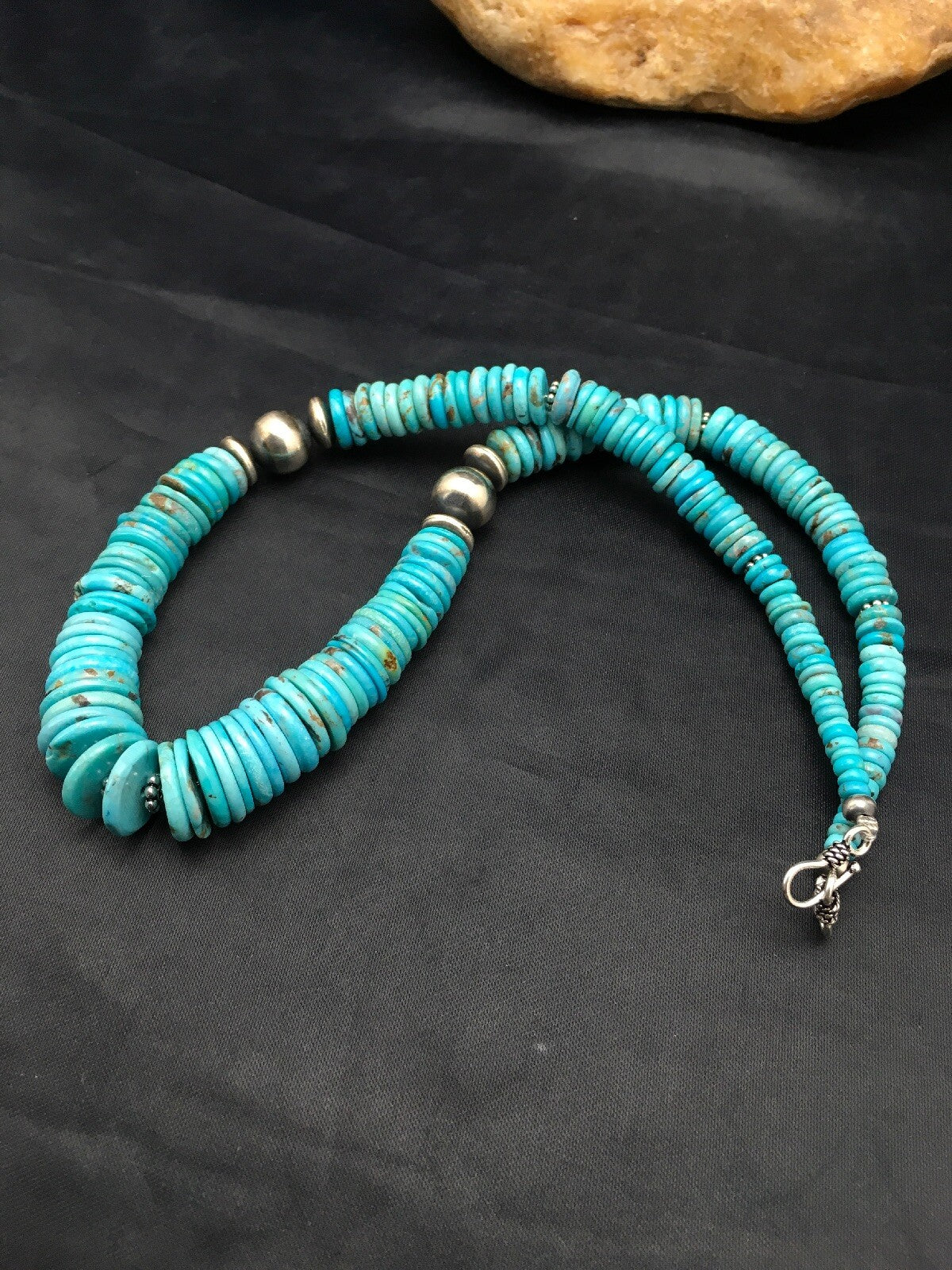 Turquoise Graduated Navajo Sterling Silver Necklace 18" 4046