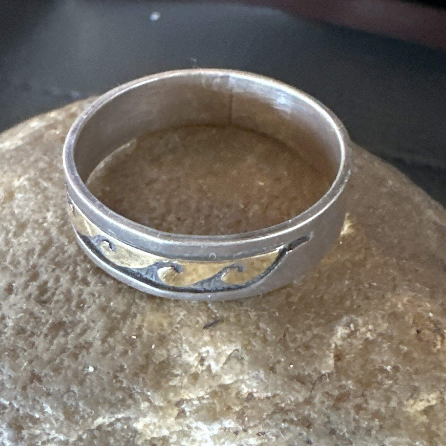 Mens Wedding Band Navajo Stamped 14K Gold Sterling Silver Ring Sz 12 17968