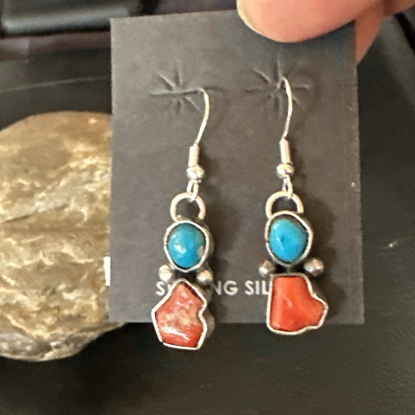 Handmade Blue Turquoise Red Coral Sterling Silver Navajo Dangle Earrings 18839