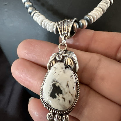 Men Women White Buffalo Turquoise Pendant Navajo Sterling Silver Necklace 17718
