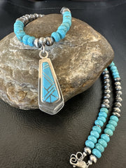 Inlay Blue Kingman Turquoise Pendant Navajo Necklace 21" | Sterling Silver | Authentic Native American Handmade | 18380