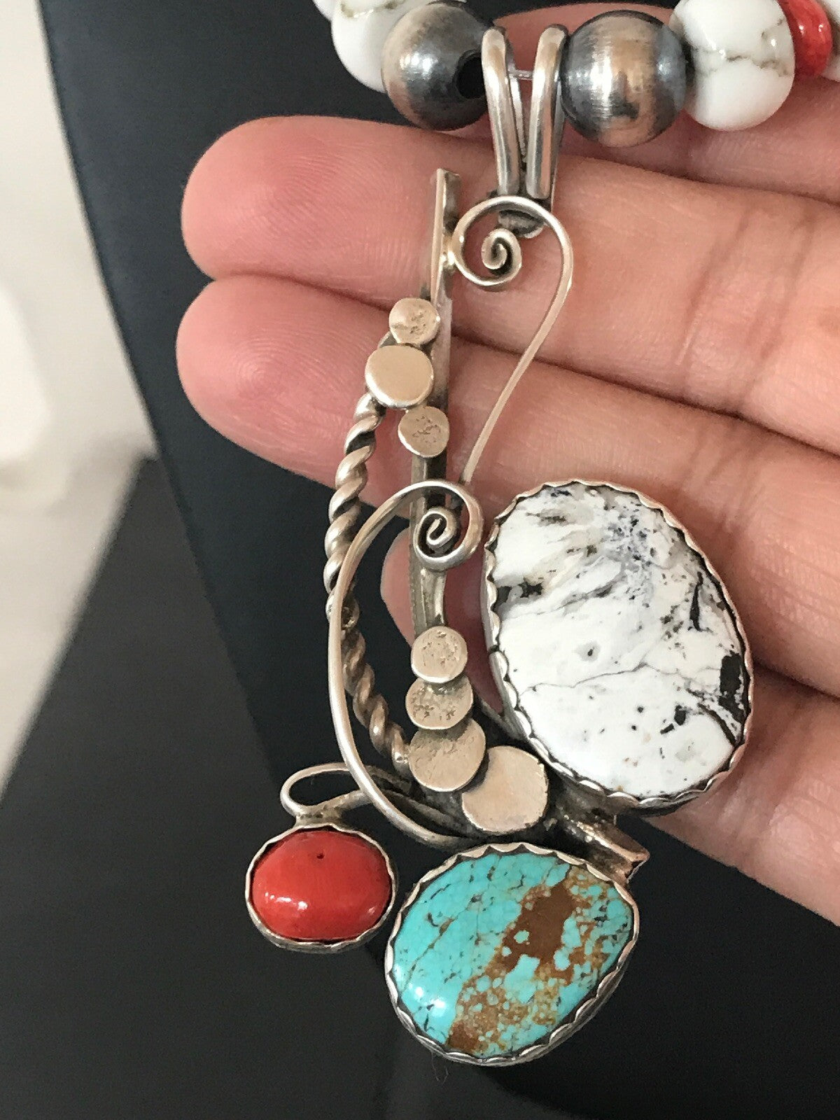 Blue Turquoise Spiny Oyster Pendant Pearls Sterling Beads Silver Necklace 8644