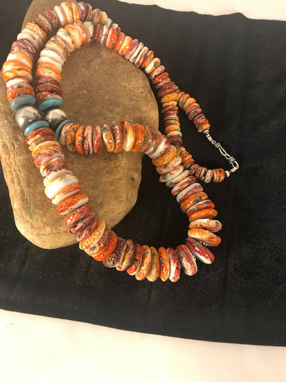 Mens Turquoise & Spiny Oyster Navajo Sterling Silver Beads Necklace 32" 08419