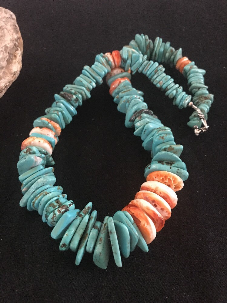 Turquoise Spiny Oyster Nugget Sterling Silver Necklace 21" 03325